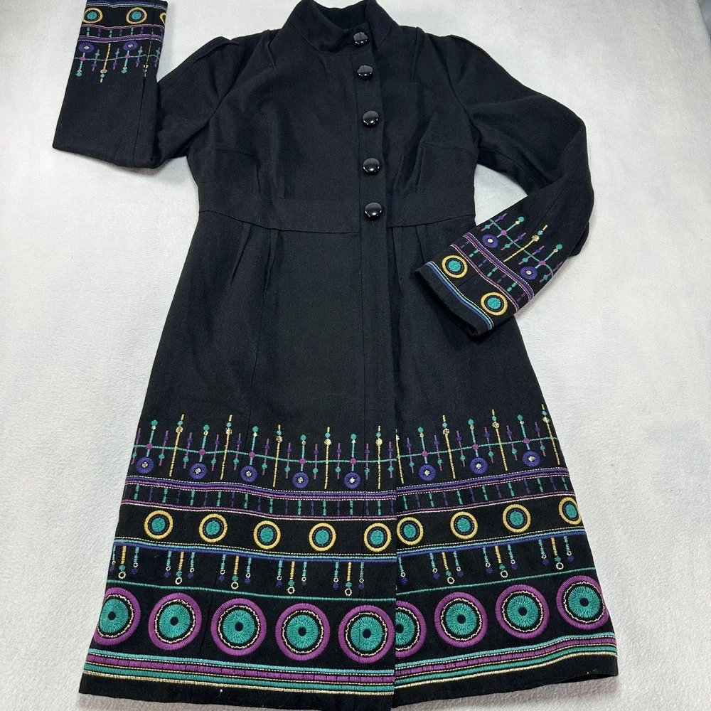 Plenty by Tracy Reese Coat Womens 6 Black Embroidered Boho Anthropologie Casual‎